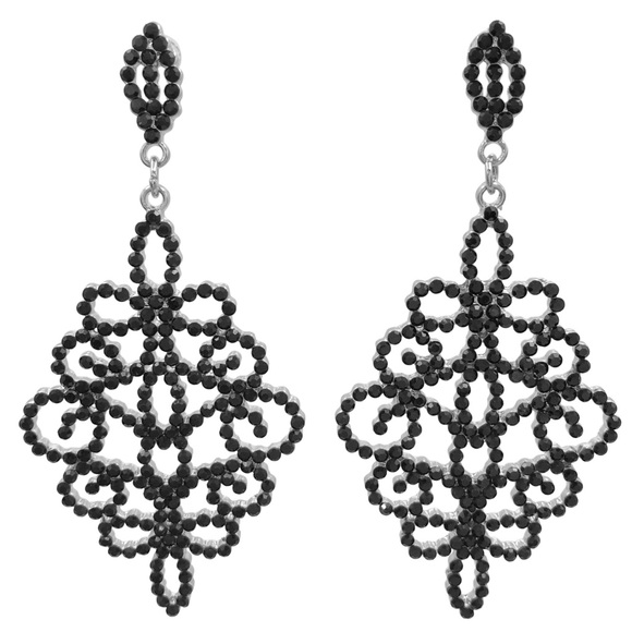 Black Rhinestone Filigree Swirls Fancy Formal Silver Post Drop Earrings - Picture 1 of 3